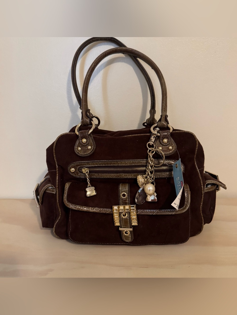 Kathy Van Zeeland Y2K Brown Velvet Handbag Purse Rhinestone Snakeskin Charms NWT